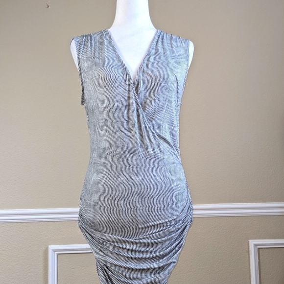 Black & White Sleeveless Ruched Stretch Wrap Midi Dress - Picture 1 of 6